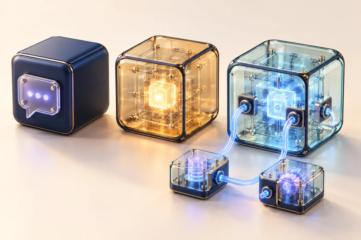 Three cubes side by side. The first is solid with only a chat window on its face, the second has a glowing core inside it, and the third has pipes running from its core out to two separate modules. Adding AI on the surface, building it in and opening a product up for programs to use are three different things.
