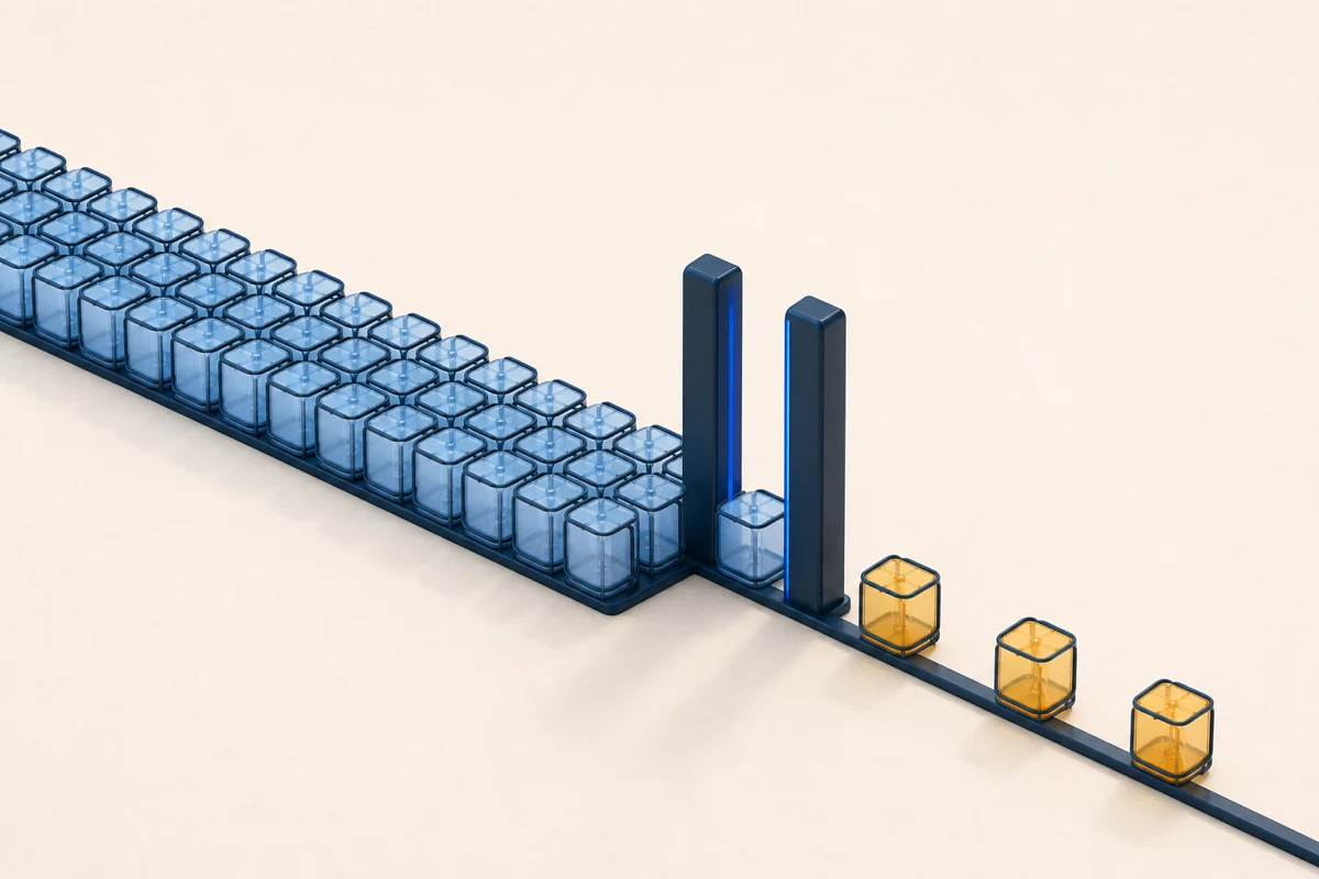A long queue of projects waiting at a narrow gate, with only a few that have made it through on the other side.