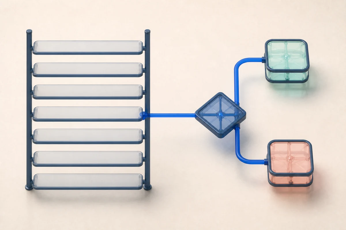 On the left a lifeless list of principles, on the right one of them turned into a decision point with two ways out.