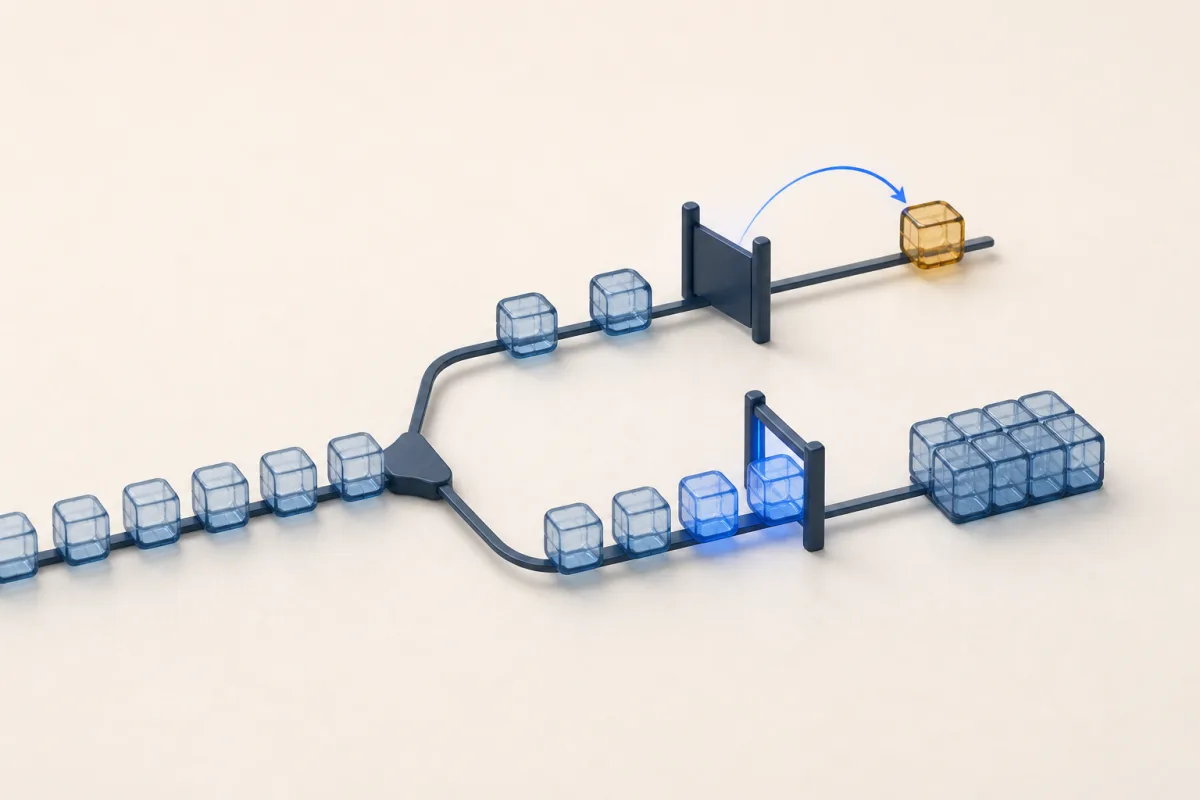 One stream branches into two. On one route a large heap piles up past a checkpoint; on the other only a single item gets through the same kind of gate. Volume produced and work delivered are not the same thing.